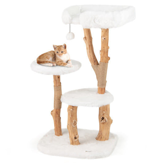 44 Inch Solid Wood Cat Tree with Perch and Natural Jute Scratching Posts-White