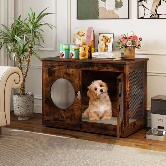 Furniture Style Dog Crate for Small and Medium Dogs with Translucent Window and Lockable Door-Rusti-0