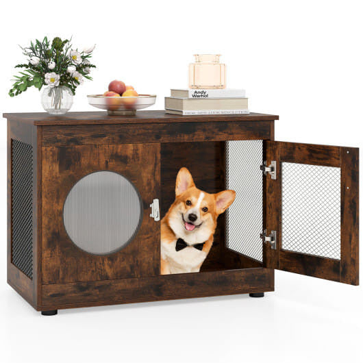 Furniture Style Dog Crate for Small and Medium Dogs with Translucent Window and Lockable Door-Rusti-4